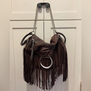 Karen Millen Brown Leather & Suede Fringe Shoulder Bag with Silver Chain Strap